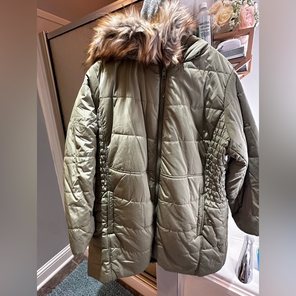 Torrid Olive Puffer Jacket with Faux Fur Hood